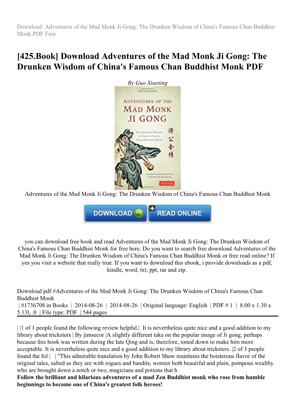 Download Adventures of the Mad Monk Ji Gong: the Drunken Wisdom of China's Famous Chan Buddhist Monk PDF