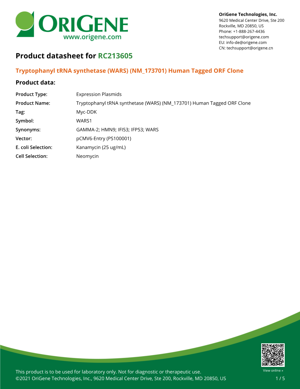 Tryptophanyl Trna Synthetase (WARS) (NM 173701) Human Tagged ORF Clone Product Data