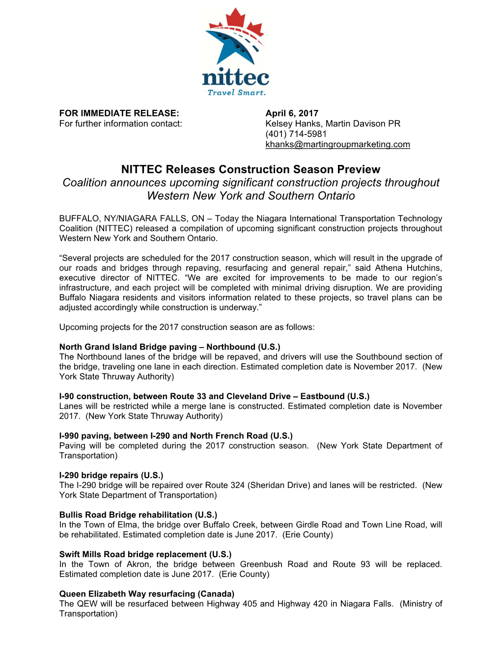 NITTEC Releases Construction Season Preview Coalition Announces Upcoming Significant Construction Projects Throughout Western New York and Southern Ontario