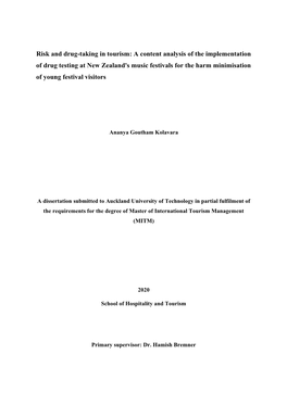 A Content Analysis of the Implementation of Drug Testing at New Zealand's Music Festivals for the Harm Minimisation of Young Festival Visitors