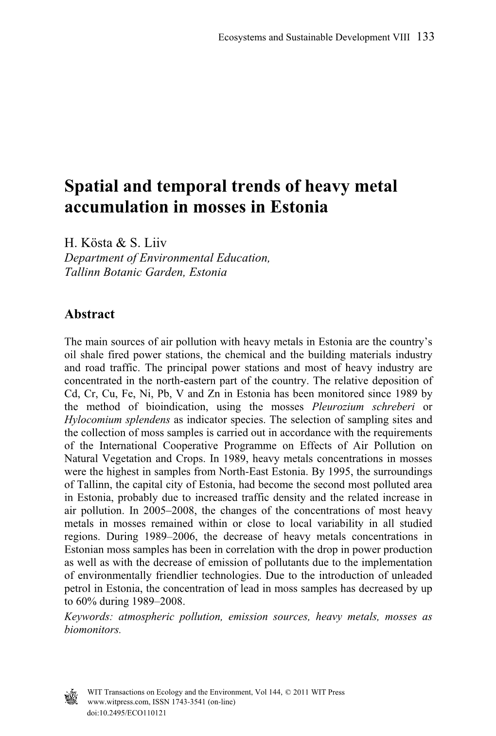 Spatial and Temporal Trends of Heavy Metal Accumulation in Mosses in Estonia