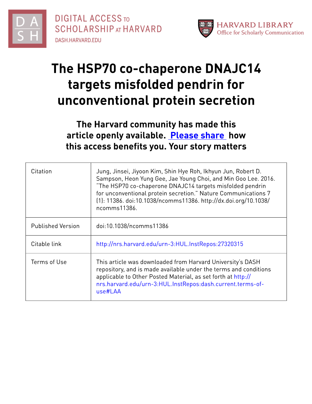 The HSP70 Co-Chaperone DNAJC14 Targets Misfolded Pendrin for Unconventional Protein Secretion