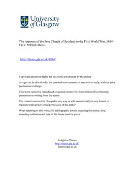 The Response of the Free Church of Scotland to the First World War, 1914- 1919