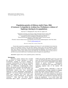 Population Genetics of Oithona Similis Claus, 1866 (Crustacea: Cyclopoida) in Arabian Sea: Preliminary Evidence of Haplotype Sharing in Two Populations