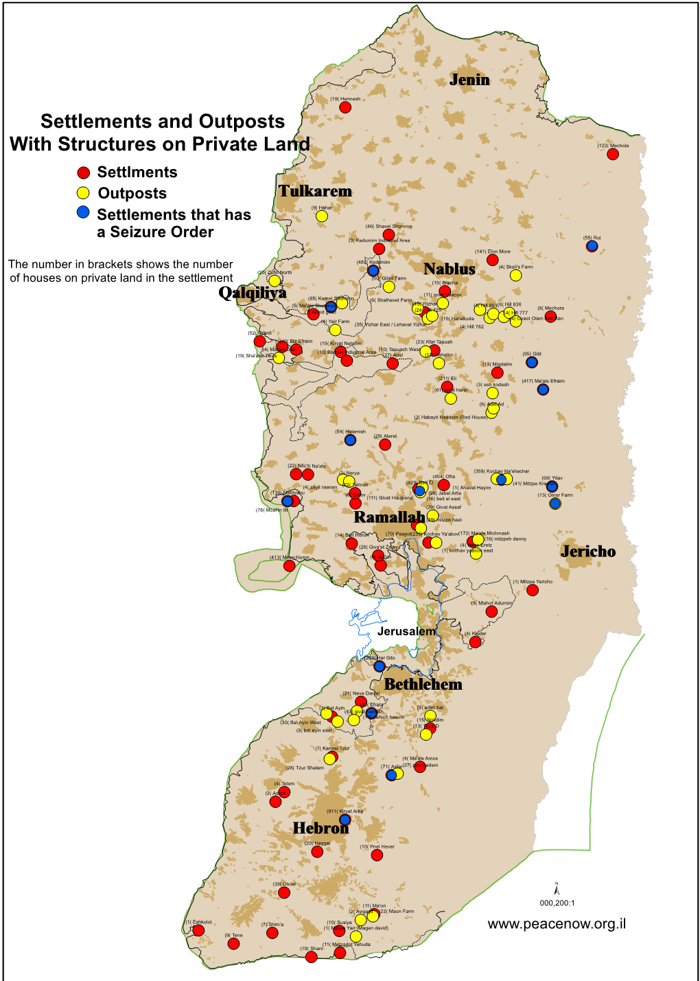 Settlements and Outposts with Structures on Private Land (122( Mechola Settlments Outposts Ttuullkkaarreemm (9( Hahar Settlements That Has (46( Shavei Shomron