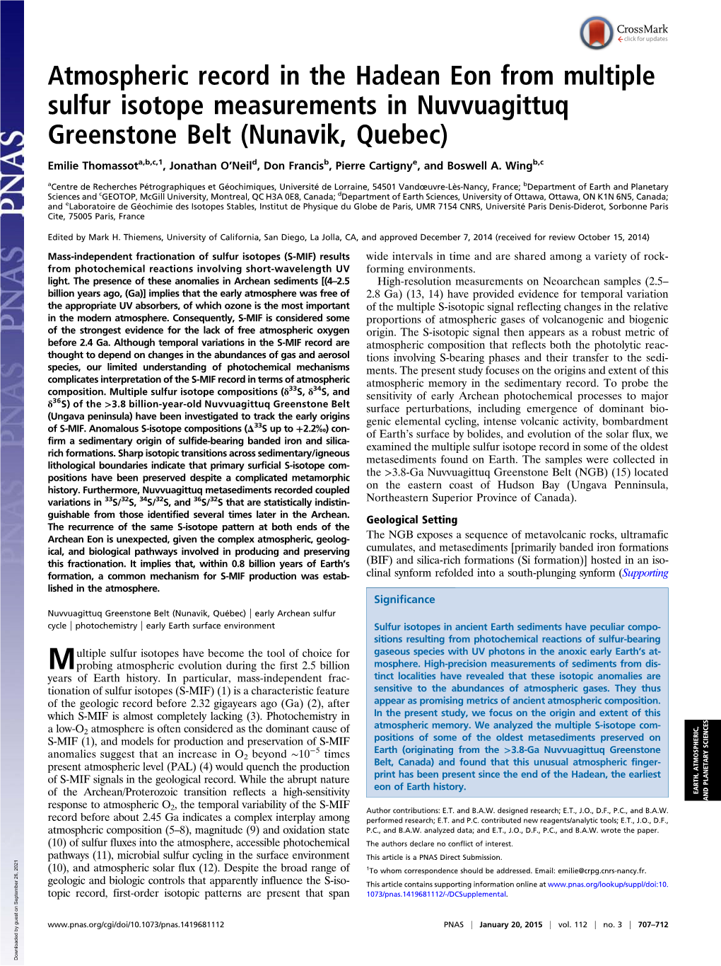 Atmospheric Record in the Hadean Eon from Multiple Sulfur Isotope Measurements in Nuvvuagittuq Greenstone Belt (Nunavik, Quebec)