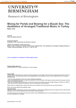 Mixing for Parlak and Bowing for a Büyük Ses: the Aesthetics of Arranged Traditional Music in Turkey Bates, Eliot