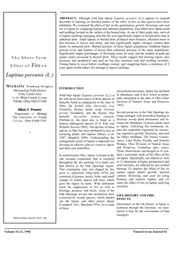 Lupinus Perennis [L.]) Appears to Respond Favorably to Burning, No Detailed Studies of the Effect of Fire on This Species Have Been Published