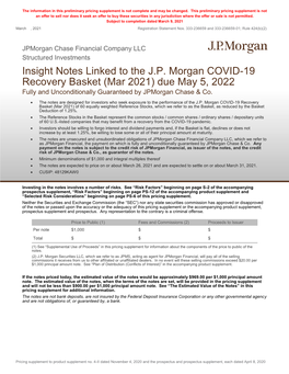 Insight Notes Linked to the J.P. Morgan COVID-19 Recovery Basket (Mar 2021) Due May 5, 2022 Fully and Unconditionally Guaranteed by Jpmorgan Chase & Co