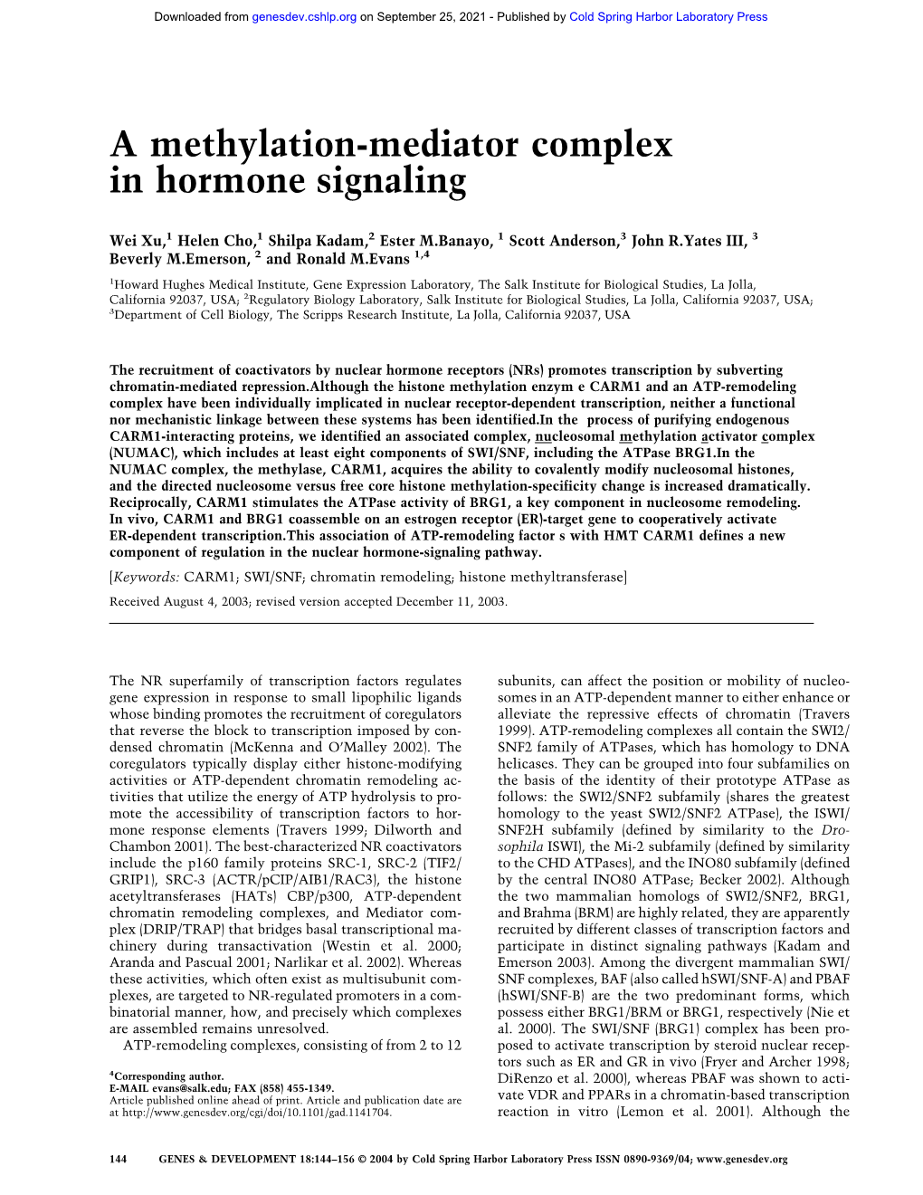 A Methylation-Mediator Complex in Hormone Signaling