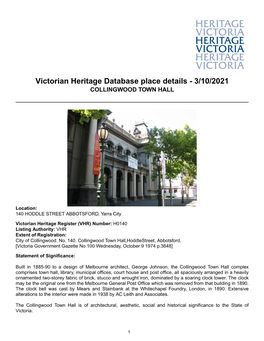 Victorian Heritage Database Place Details - 3/10/2021 COLLINGWOOD TOWN HALL