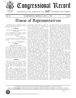 Congressional Record United States Th of America PROCEEDINGS and DEBATES of the 104 CONGRESS, FIRST SESSION