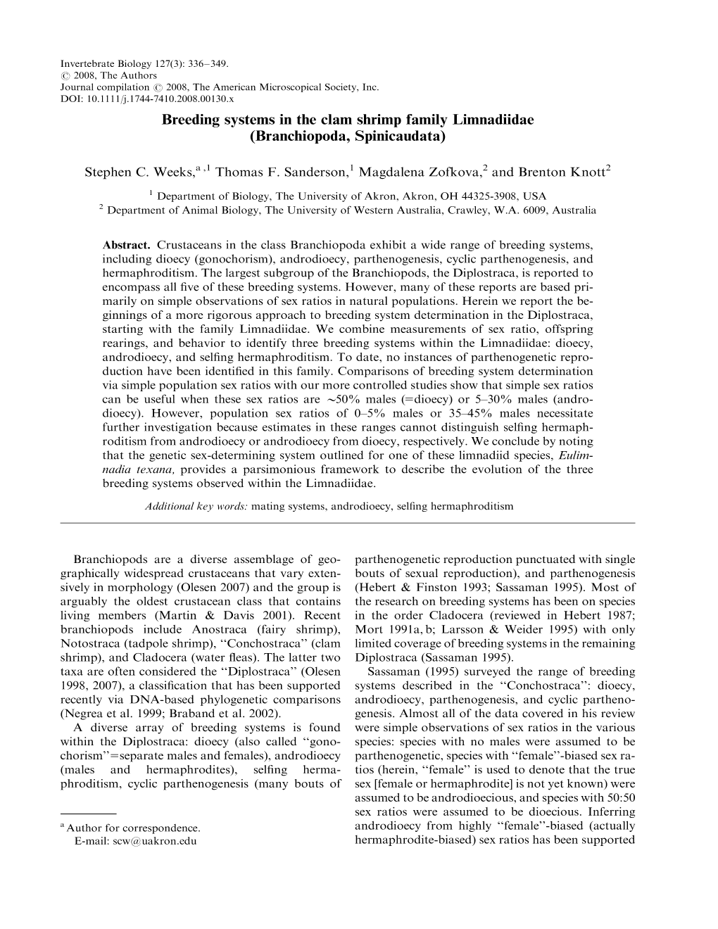 Breeding Systems in the Clam Shrimp Family Limnadiidae (Branchiopoda, Spinicaudata)