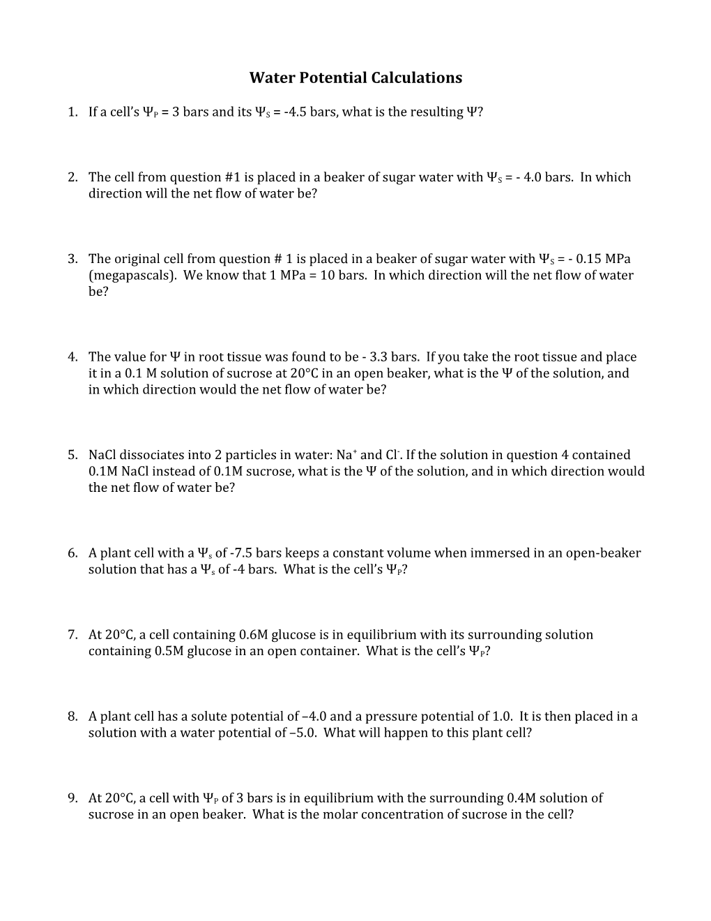 AP Water Potential Sample Questions