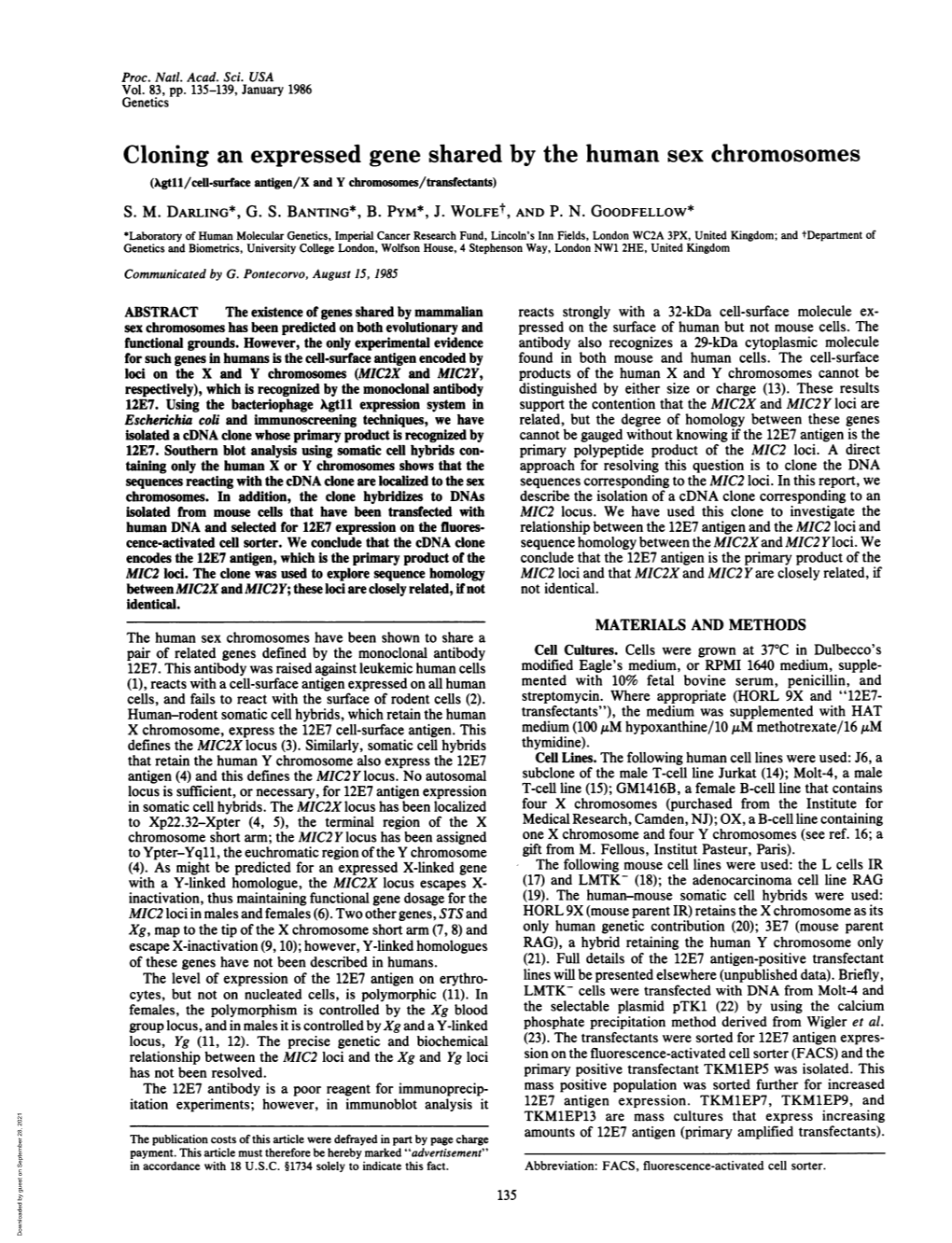 Cloning an Expressed Gene Shared by the Human Sex Chromosomes (Xgtll/Ceil-Surface Antigen/X and Y Chromosomes/Transfectants) S