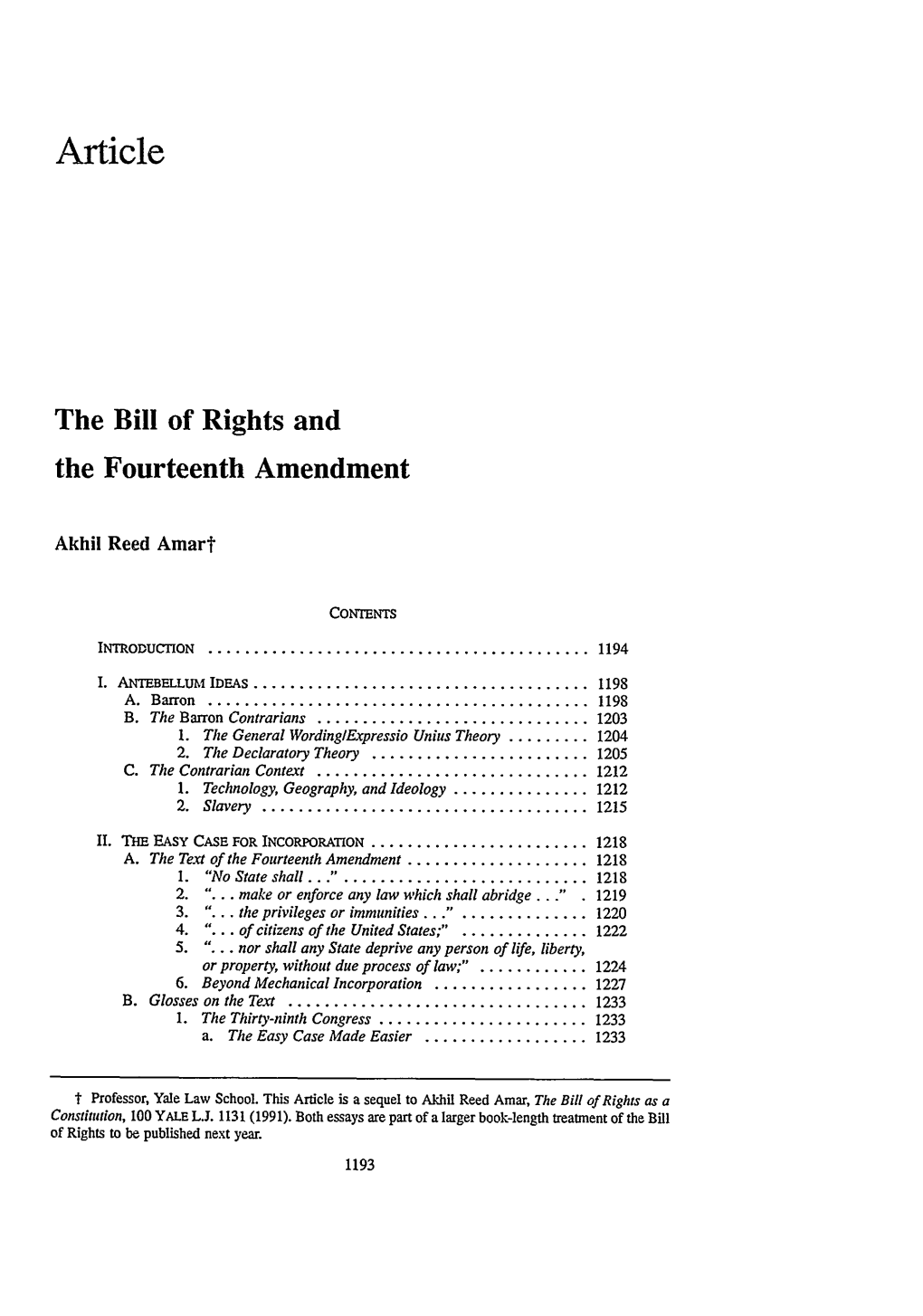 The Bill of Rights and the Fourteenth Amendment