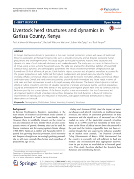 Livestock Herd Structures and Dynamics in Garissa County, Kenya Patrick Mwambi Mwanyumba1*, Raphael Wahome Wahome2, Laban Macopiyo3 and Paul Kanyari4