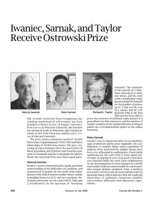 Iwaniec, Sarnak, and Taylor Receive Ostrowski Prize, Volume 49