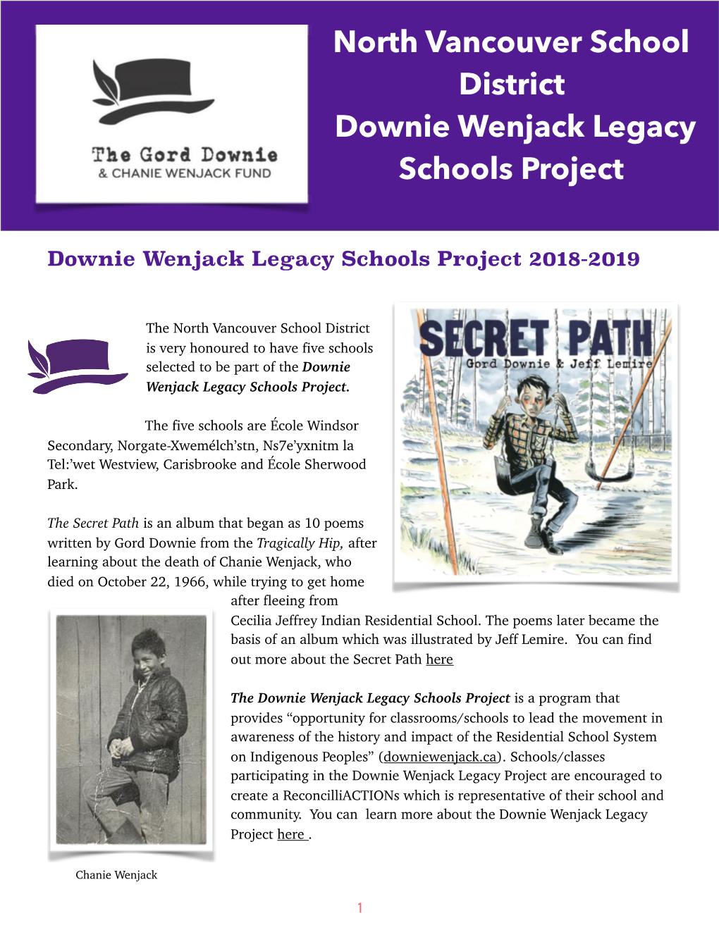 Downie Wenjack Legacy Schools Project 2018-2019