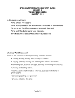 GPBSC INTERMEDIATE COMPUTER CLASS LESSON 5 WORD PROCESSORS SUMMER 2016 in This Class We Will Learn: What a Word Processor Is