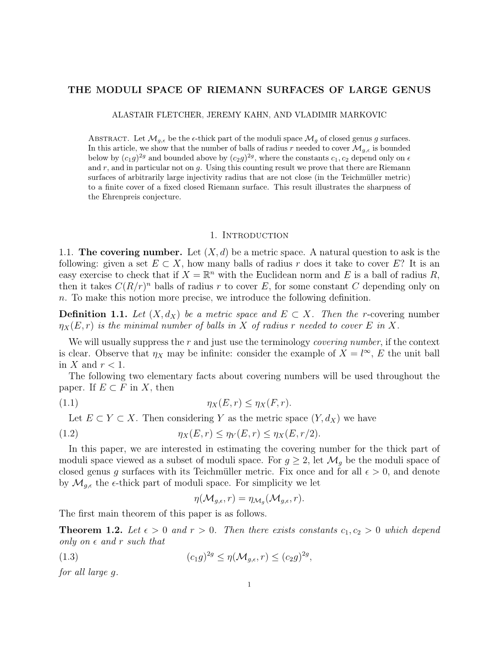 The Moduli Space of Riemann Surfaces of Large Genus