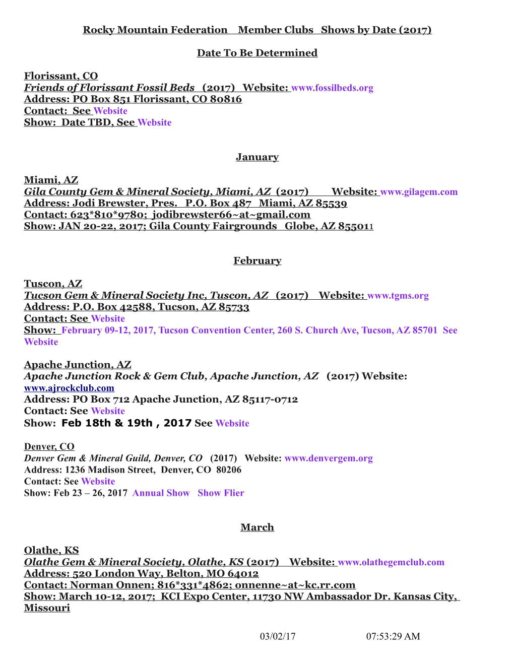 Rocky Mountain Federation Member Clubs Shows by Date (2017)