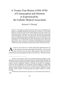 A Twenty-Year History (1958-1978) of Contraception and Abortion As Experienced by the Catholic Medical Association