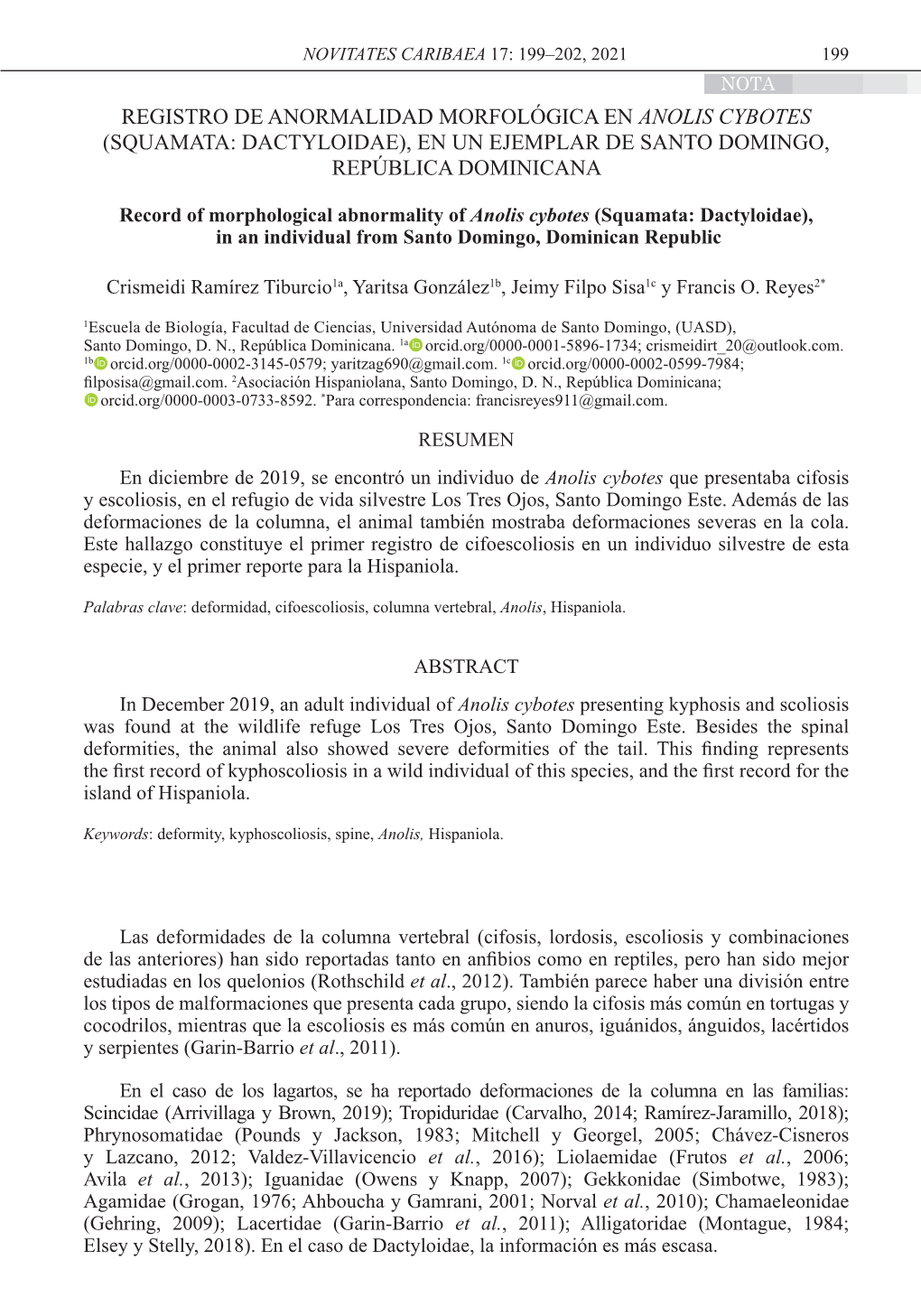 Registro De Anormalidad Morfológica En Anolis Cybotes (Squamata: Dactyloidae), En Un Ejemplar De Santo Domingo, República Dominicana