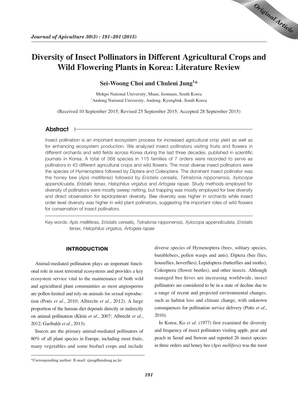 Diversity of Insect Pollinators in Different Agricultural Crops and Wild Flowering Plants in Korea: Literature Review