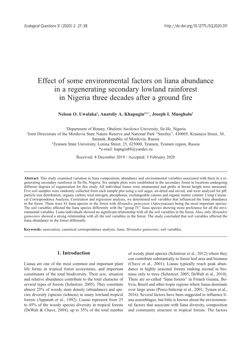 Effect of Some Environmental Factors on Liana Abundance in a Regenerating Secondary Lowland Rainforest in Nigeria Three Decades After a Ground Fire