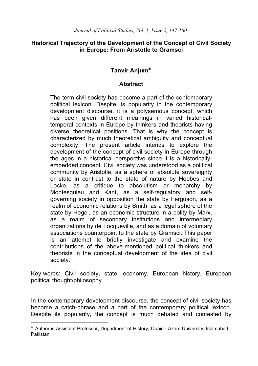 Historical Trajectory of the Development of the Concept of Civil Society in Europe: from Aristotle to Gramsci