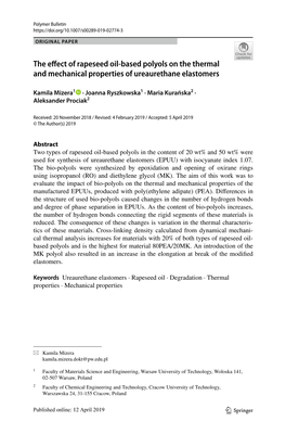 The Effect of Rapeseed Oil-Based Polyols on the Thermal And