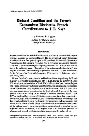 Richard Cantillon and the French Economists: Distinctive French Contributions to J