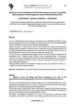 115 Qualité De La Source Ain Hamma Et Effet Du Déversement De Ses