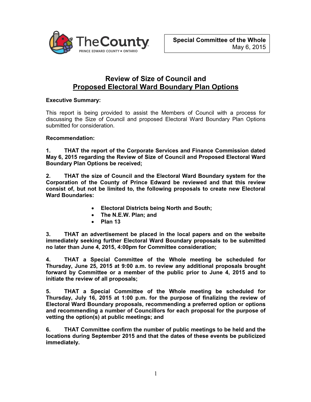 Review of Size of Council and Proposed Electoral Ward Boundary Plan Options