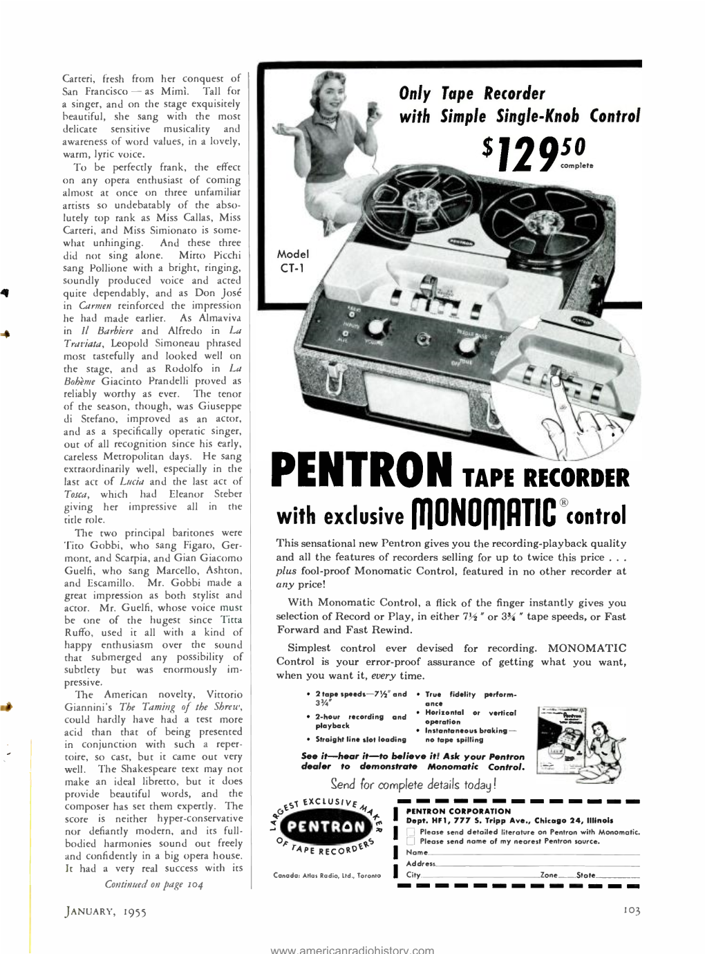 PENTRON TAPE RECORDER Tosca, Which Had Eleanor Steber Giving Her Impressive All in the Title Role