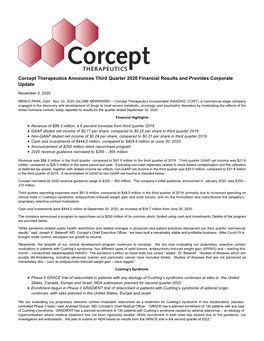 Corcept Therapeutics Announces Third Quarter 2020 Financial Results and Provides Corporate Update