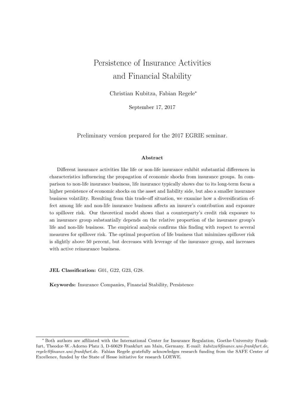 Persistence of Insurance Activities and Financial Stability