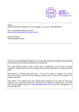 Citation: Taylor, SM (2018) an Awakening. the Psychologist, 31. Pp. 42-47. ISSN 0952-8229 Link to Leeds Beckett Repository Recor