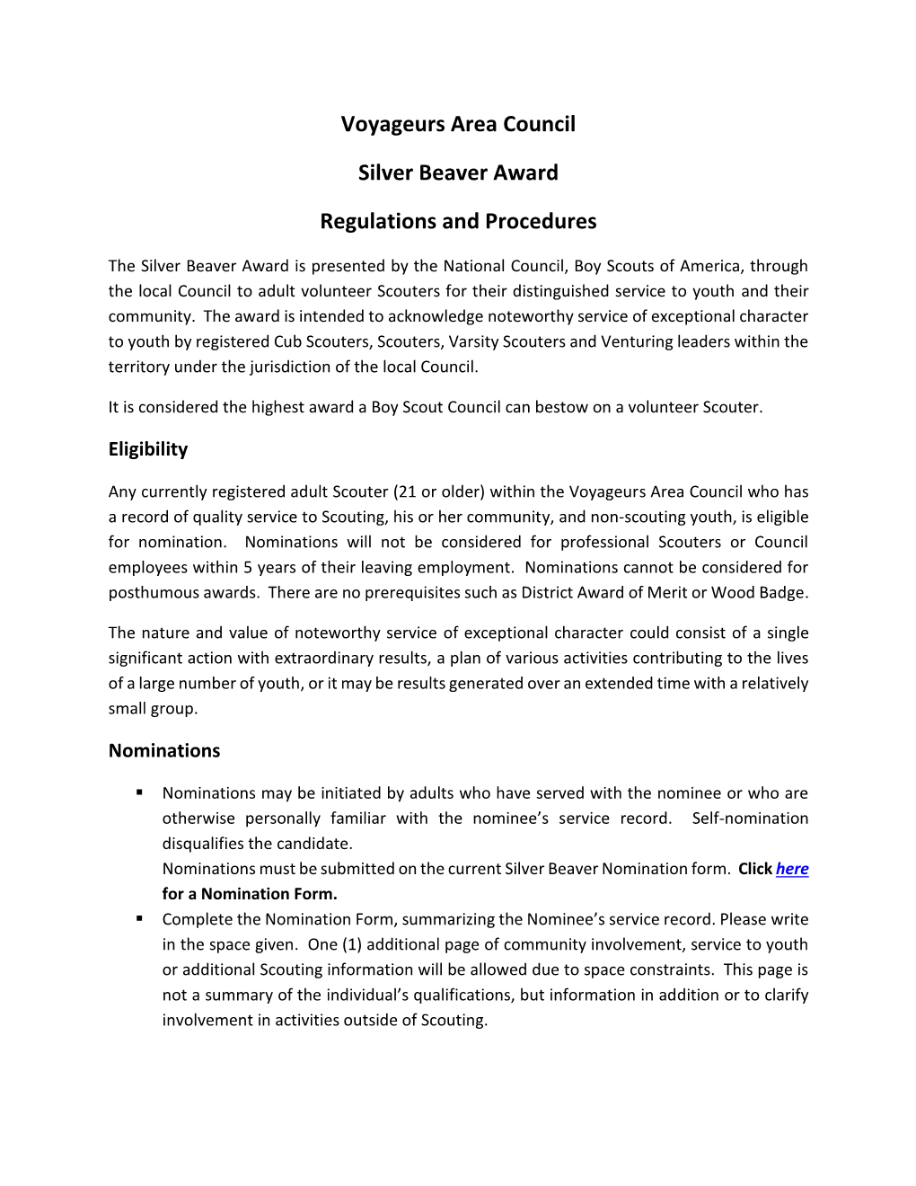 Voyageurs Area Council Silver Beaver Award Regulations and Procedures