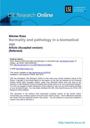 Normality and Pathology in a Biomedical Age Article (Accepted Version) (Refereed)