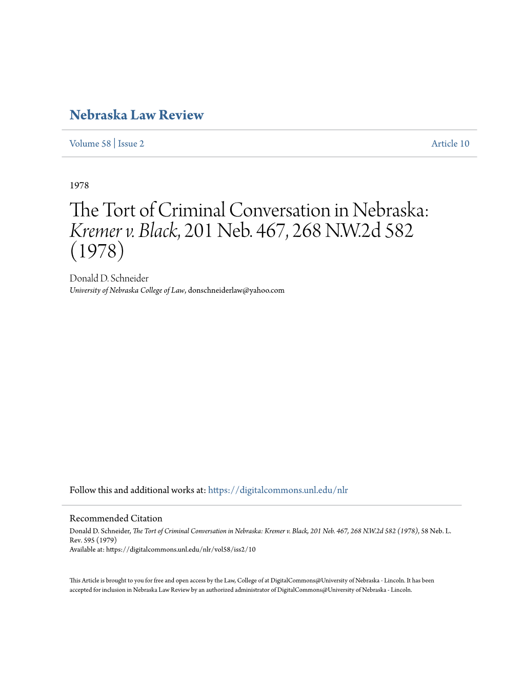 The Tort of Criminal Conversation in Nebraska: Kremer V