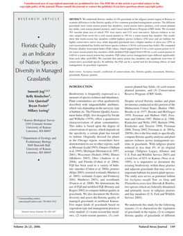 Floristic Quality As an Indicator of Native Species