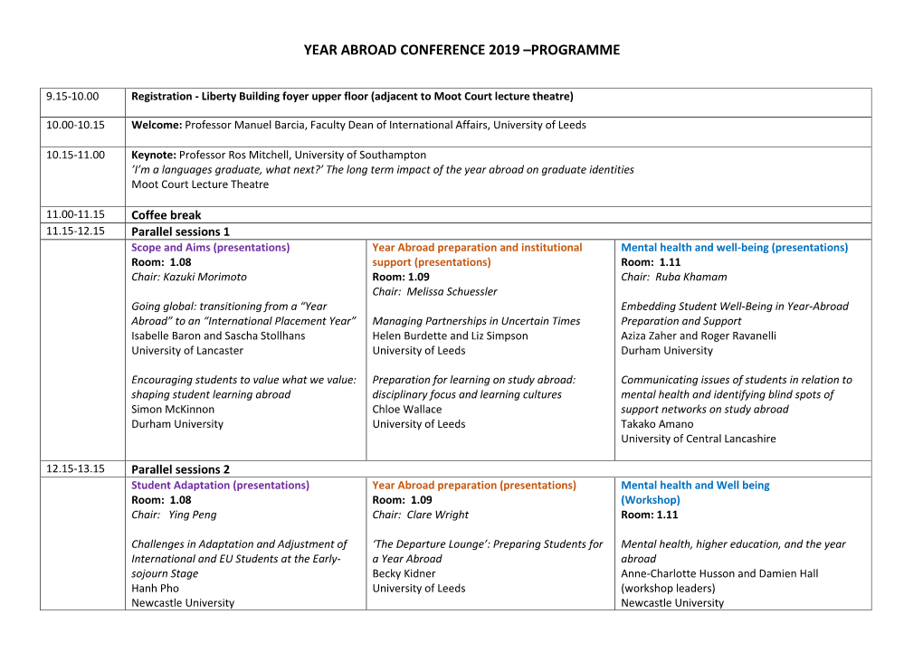 Year Abroad Conference 2019 –Programme