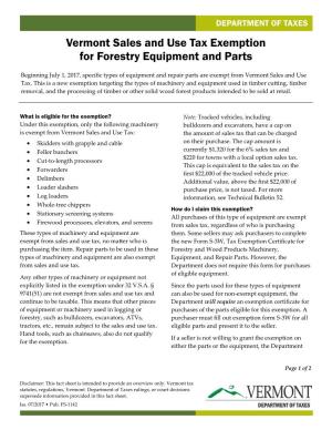 Vermont Sales and Use Tax Exemption for Forestry Equipment and Parts