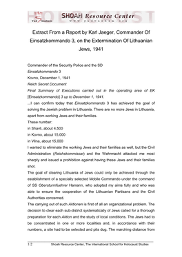 Extract from a Report by Karl Jaeger, Commander of Einsatzkommando 3, on the Extermination of Lithuanian Jews, 1941