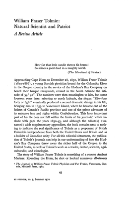 William Fraser Tolmie: Natural Scientist and Patriot a Review Article