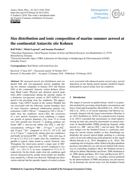 Size Distribution and Ionic Composition of Marine Summer Aerosol at the Continental Antarctic Site Kohnen