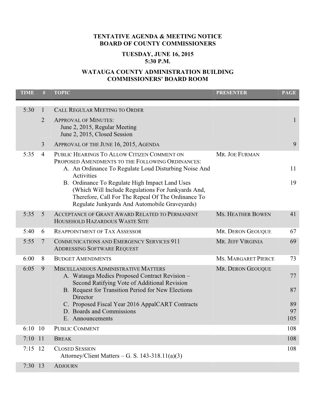 Tentative Agenda & Meeting Notice Board of County