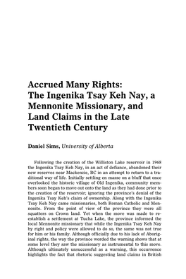 The Ingenika Tsay Keh Nay, a Mennonite Missionary, and Land Claims in the Late Twentieth Century